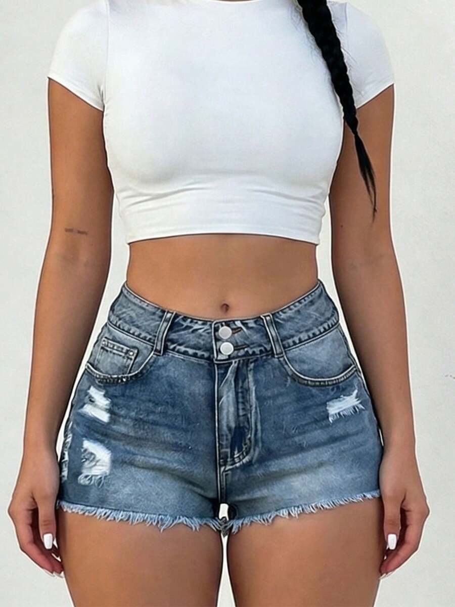 Shorts Denim Frayed - Mid-Rise Womens Denim Shorts With Double