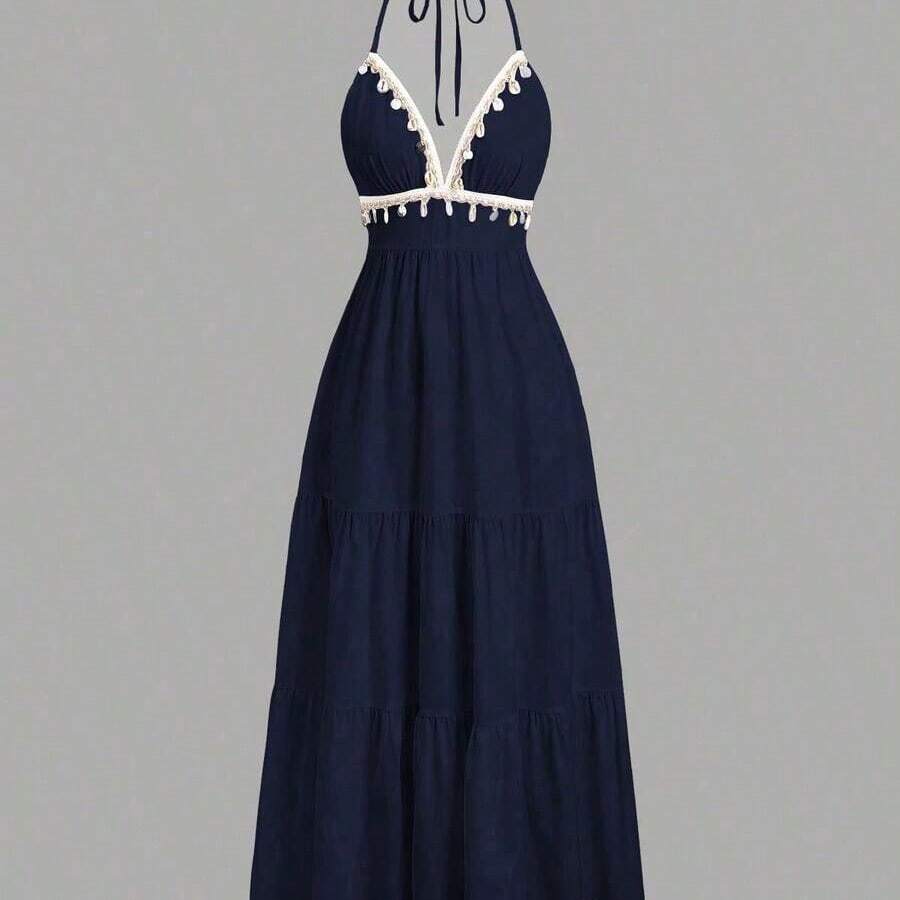 Maxi Dress Halter - Womens Halter Neck Tiered Maxi Dress