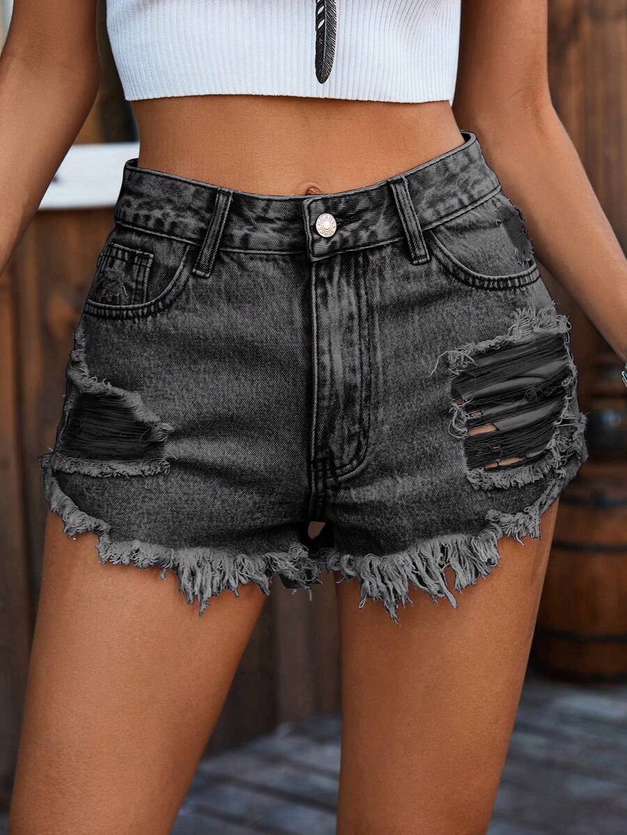 Ripped Denim Shorts High Waist - مراجعة Shorts Denim Frayed وسعره