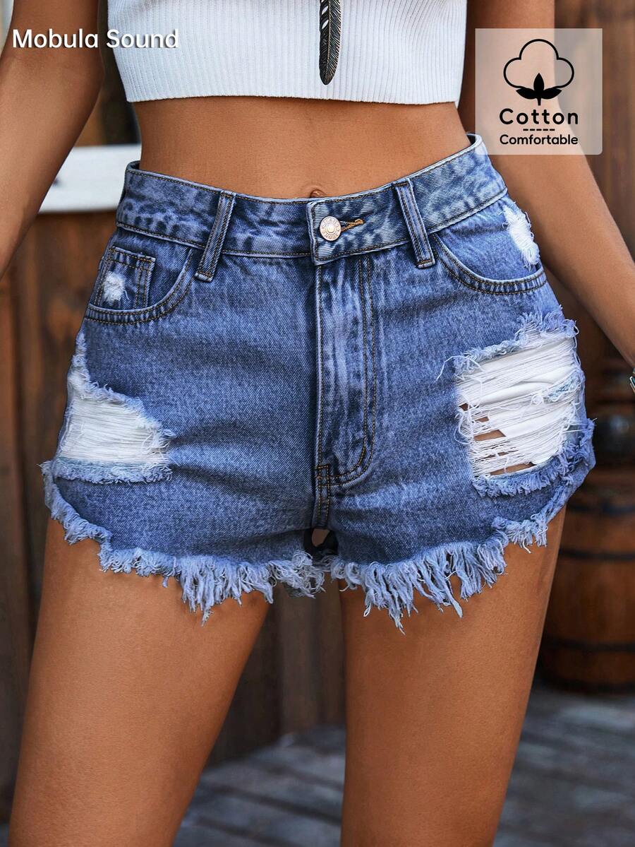 Ripped Denim Shorts High Waist - مراجعة Shorts Denim Frayed وسعره