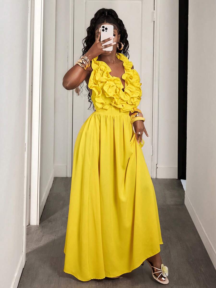 Yellow Deep V-Neck Ruffle Halt - مراجعة Maxi Dress Halter وسعره
