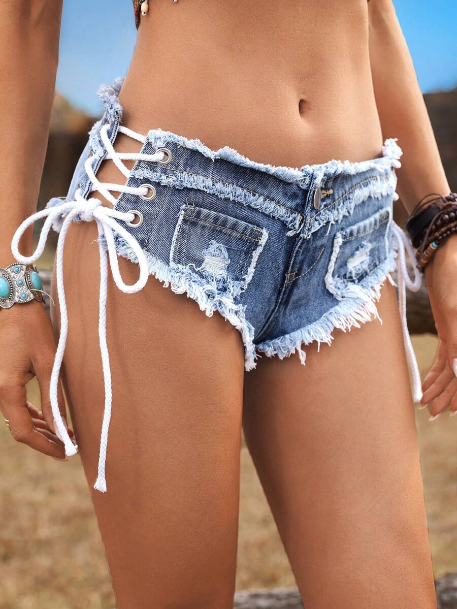 Women Low Waist Frayed Criss-C - مراجعة Shorts Denim Frayed وسعره