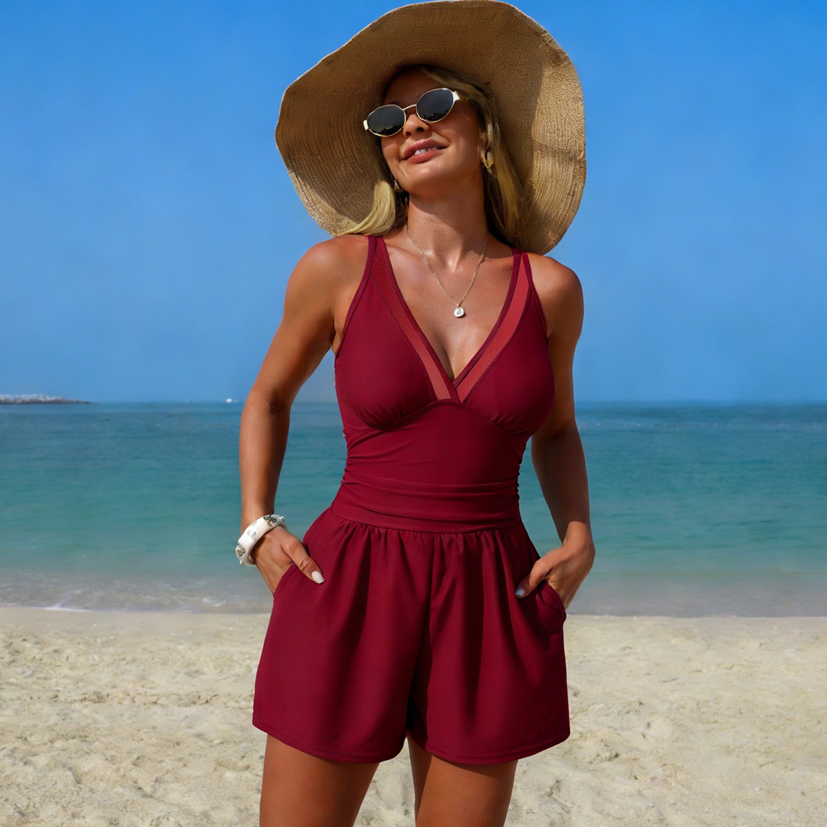 Black Solid Color Sleeveless V - مراجعة Swimsuit Bikini Ruched وسعره