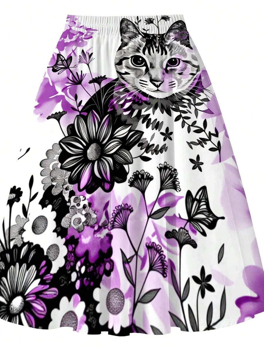 Oversized Floral Cat Print Mid - مراجعة Midi Skirt Floral وسعره
