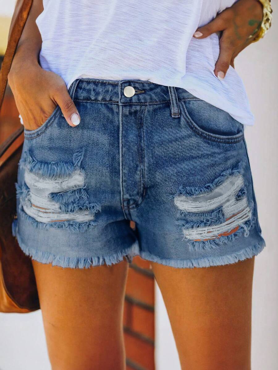 Mid Waist Washed Denim Shorts  - مراجعة Shorts Denim Frayed وسعره