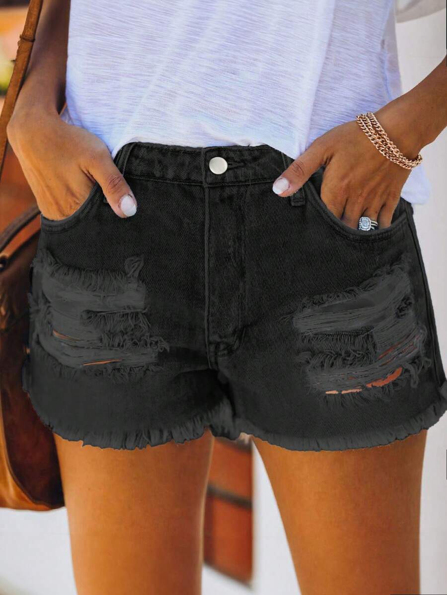 Mid Waist Washed Denim Shorts  - مراجعة Shorts Denim Frayed وسعره