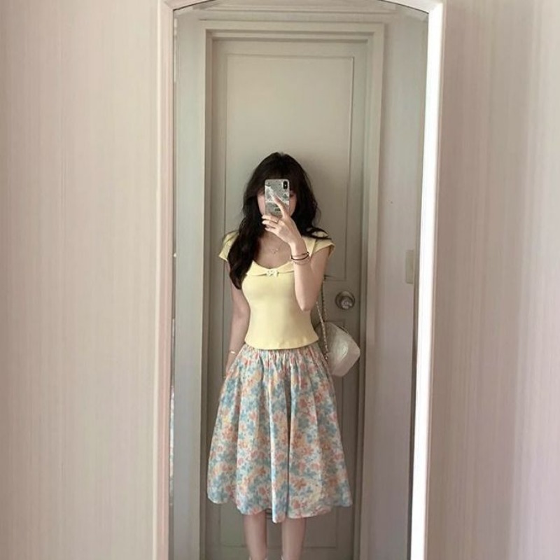 Women 2 Piece Set Bow Top And  - مراجعة Midi Skirt Floral وسعره