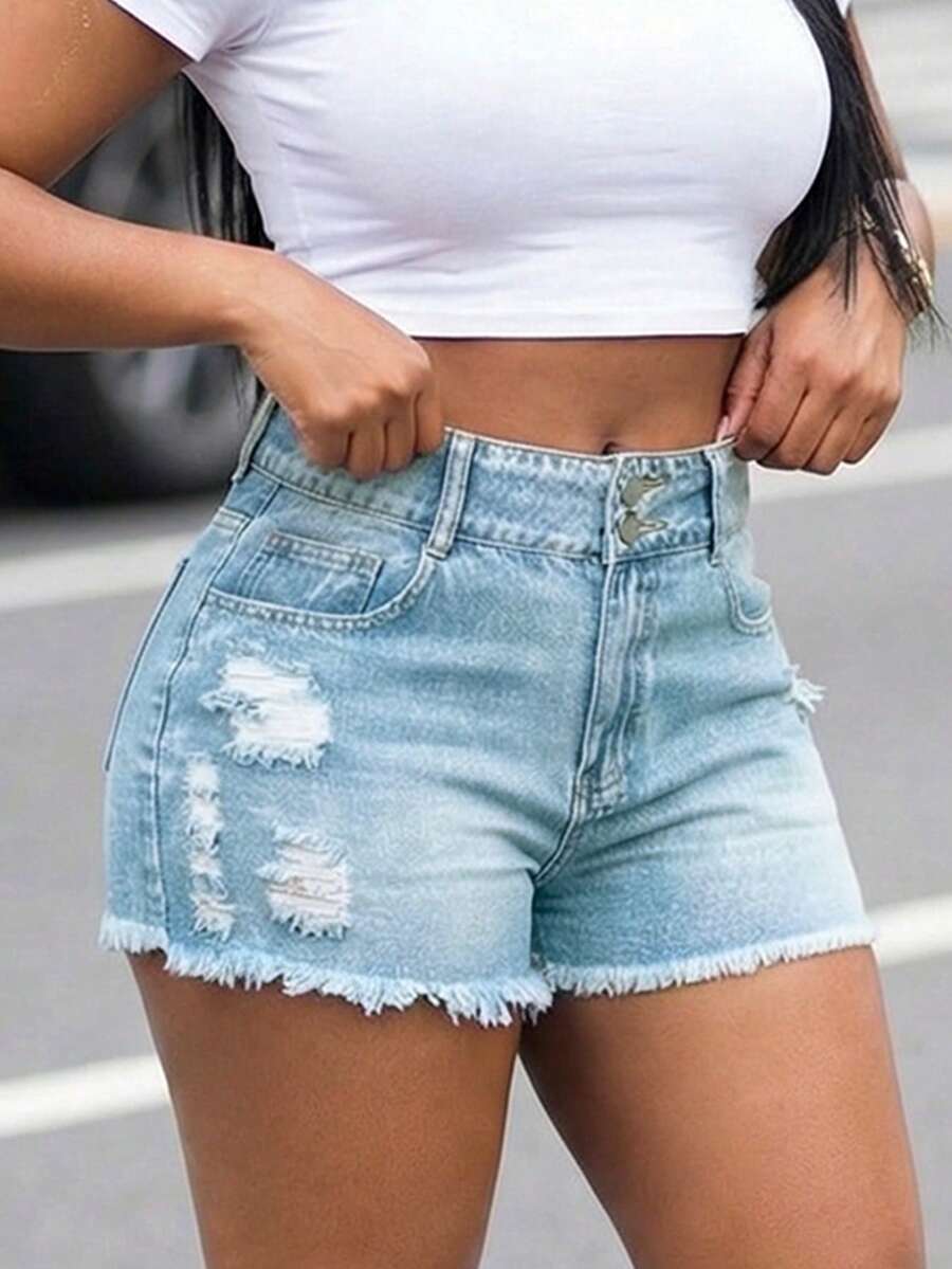 Women High Waist Denim Shorts  - مراجعة Shorts Denim Frayed وسعره