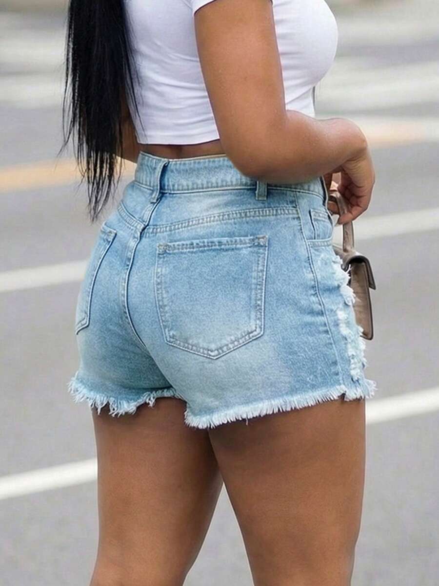 Women High Waist Denim Shorts  - مراجعة Shorts Denim Frayed وسعره