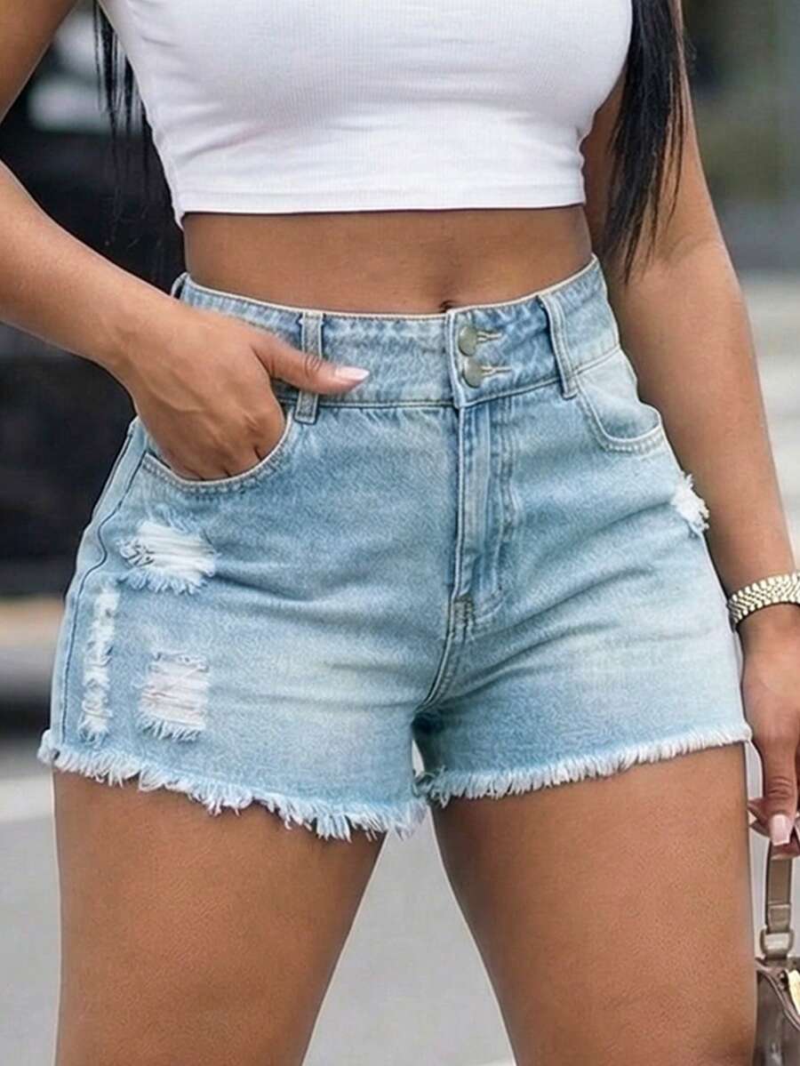 Women High Waist Denim Shorts  - مراجعة Shorts Denim Frayed وسعره