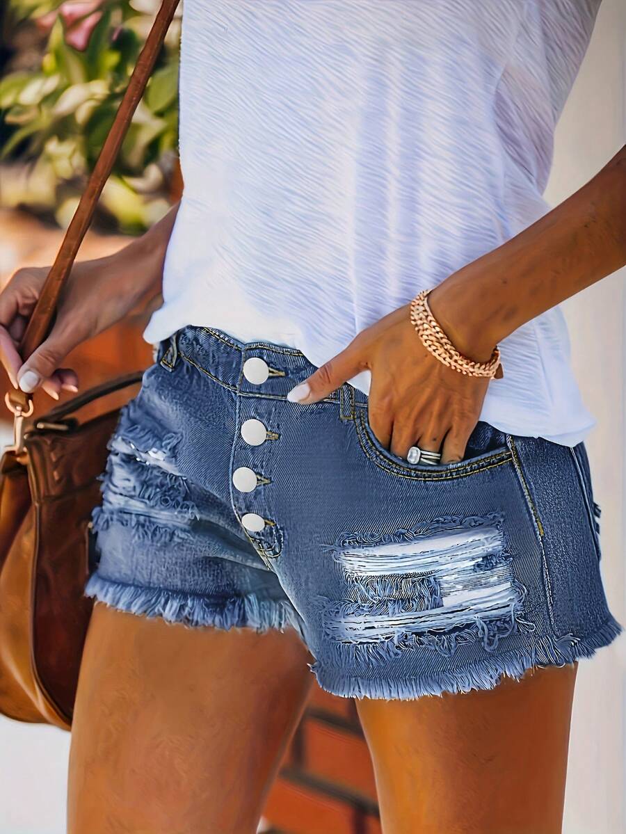 Womens Buttoned Distressed Den - مراجعة Shorts Denim Frayed وسعره