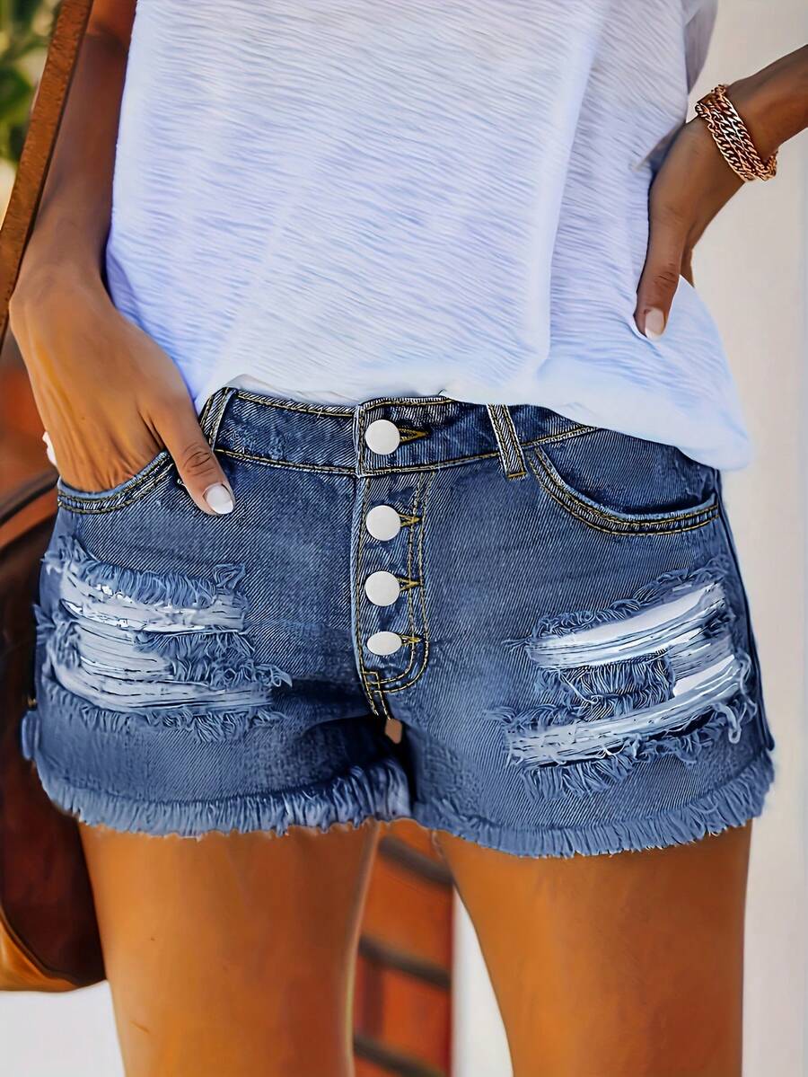 Womens Buttoned Distressed Den - مراجعة Shorts Denim Frayed وسعره